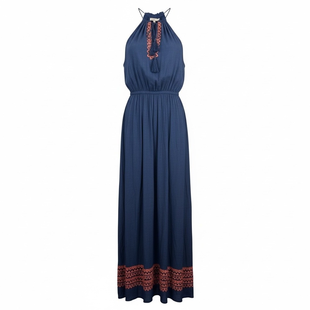 THML Halter Maxi Dress sz M Navy Blue Orange Embroidered boho beachy